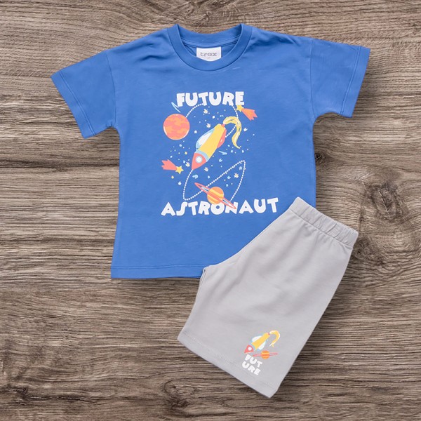 Σετ βερμούδα - κοντομάνικο μπλουζάκι με σχέδιο διαστημόπλοιο, μπλε ρουά - γκρι